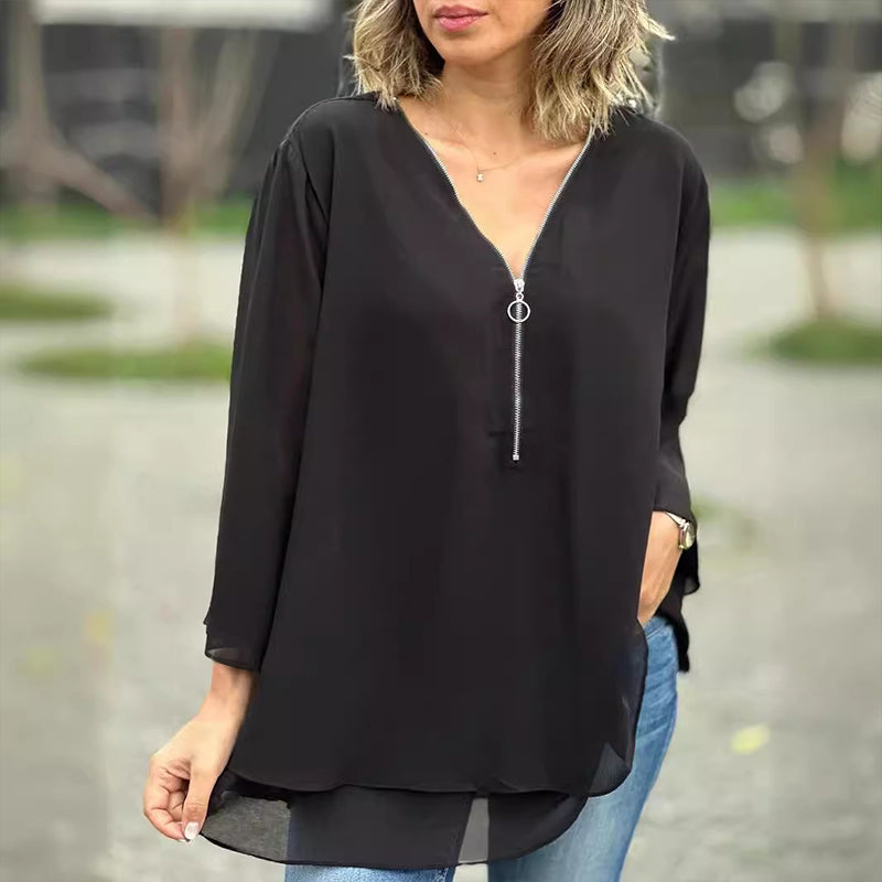 Hyacinth | V-Neck Flowy Zipped Top