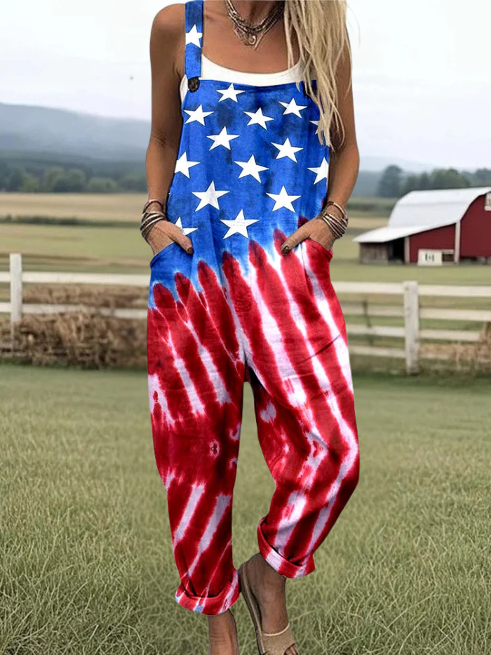 Ashley | American Flag Tie Dye Print Casual Wide Leg Jumpsuit